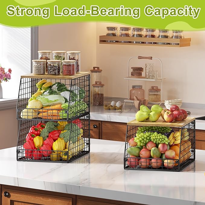 Jakyitvi 4 Pack Stackable Wire Baskets with Fixed Wooden Top, Vegetable Fruit Storage Bins for Onion Potato Snack, Pantry Baskets for Kitchen Cabinet Countertop, Pantry Organizers and Storage Rack