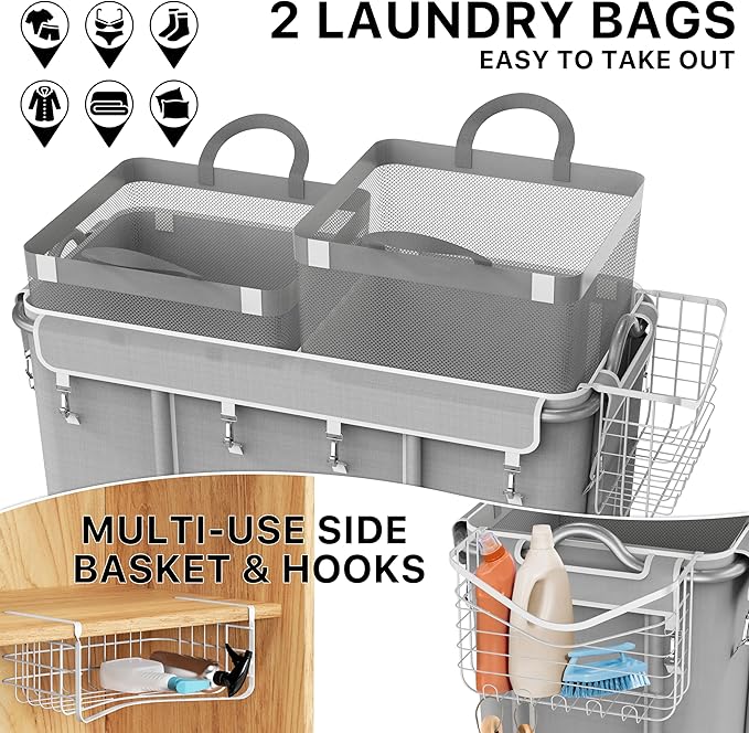 Simple Houseware Extra Large 2 Section Rolling Laundry Cart 265L (70 Gal) – Heavy Duty Hamper with 2 Removable Bags & 6 Smooth Wheels – Commercial Laundry Organizer for Home, Hotel, Dorm, Gym, Gray