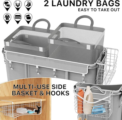 Simple Houseware Extra Large 2 Section Rolling Laundry Cart 265L (70 Gal) – Heavy Duty Hamper with 2 Removable Bags & 6 Smooth Wheels – Commercial Laundry Organizer for Home, Hotel, Dorm, Gym, Gray