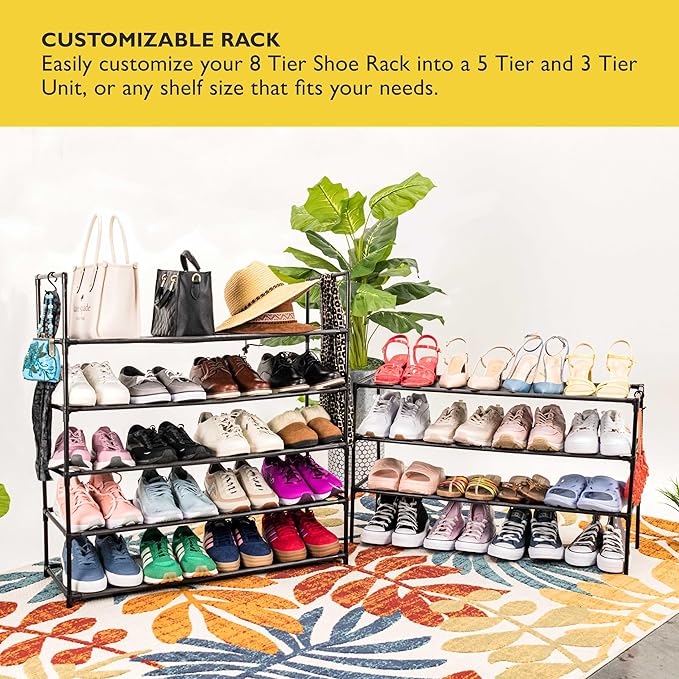 Sundaze Shoe Rack - 8 Tier Shoe Rack for Front Door Entrance, Sturdy Tall Shoe Organizer for Closet, Bedroom, Entryway, Garage, Non Woven Fabric Shelf, Black, Holds Up to 40 Pairs