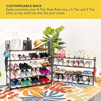 Sundaze Shoe Rack - 8 Tier Shoe Rack for Front Door Entrance, Sturdy Tall Shoe Organizer for Closet, Bedroom, Entryway, Garage, Non Woven Fabric Shelf, Black, Holds Up to 40 Pairs