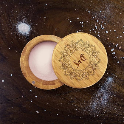 Totally Bamboo Salt Cellar Bamboo Storage Box with Magnetic Swivel Lid, 6 Ounce Capacity, Mandala Flower Engraved on Lid