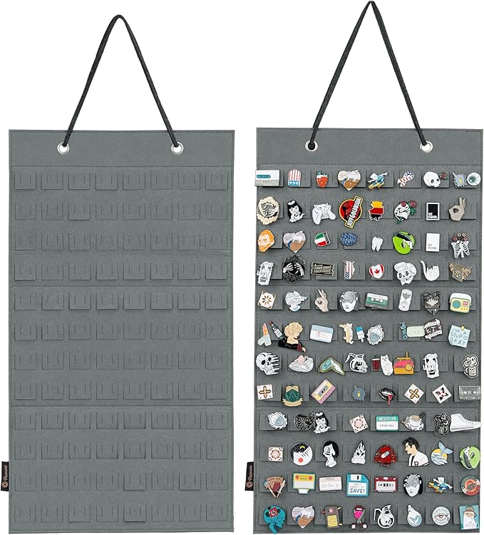 PACMAXI Hanging Brooch Pin Organizer, Display Pins Storage Case, Brooch Collection Storage Holder, Holds Up to 96 Pins.(Not Include Any Accessories) (S-96 Slots, Grey, Small)