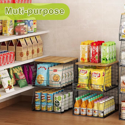 Jakyitvi 4 Pack Stackable Wire Baskets with Fixed Wooden Top, Vegetable Fruit Storage Bins for Onion Potato Snack, Pantry Baskets for Kitchen Cabinet Countertop, Pantry Organizers and Storage Rack
