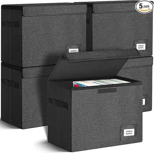 Leffis Comic Book Storage, Collapsible and Stackable Comic Short Box, Moistureproof Comic Box with Lid and Label Slot 15.5" X 7.5" X 11.3" Holds 150 Comics (5)