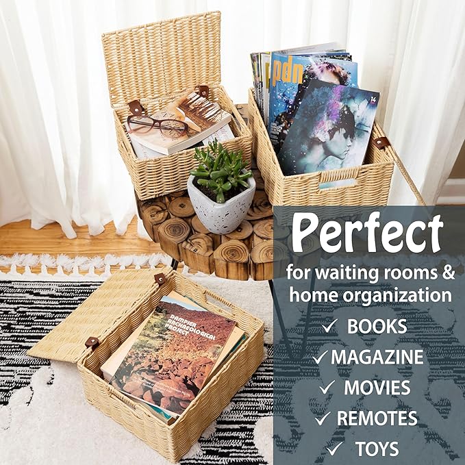 Wicker Storage Baskets Hand Woven with Lids – Set of 3 (Large, Medium, Small) for Organizing Clothes, Toys, Books – Cute Organizer Stackable Basket with Lid for Bedroom, Nursery, and Home Decor