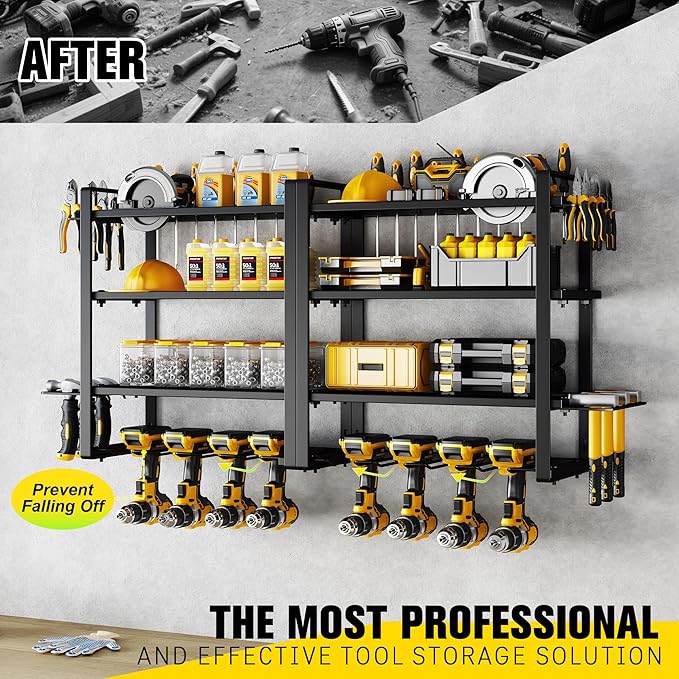 Hipidian Power Tool Organizer Wall Mount - Storage Rack with 4 Drill Holders for Drills Cordless Tools. Heavy Duty Iron Garage Tool Organizer Storage for Workshop Shed (4 Slots 4 Layers 2 Pcs)