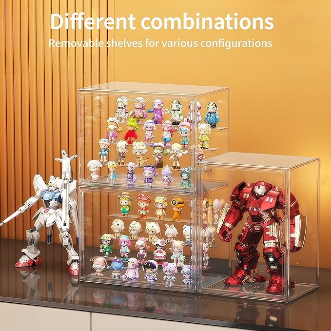 Acrylic Collectible Display Box Transparent Figure Display Box, with Magnetic Door, Stackable Design Dustproof Mini Figure Display Stand Display Organizer Countertop with Adjustable Shelves