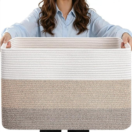 75L Large Woven Storage Basket, Cotton Rope Laundry Hamper with Handles, 22”x17”x12” Rectangle Blanket Basket for Toys, Clothes, Pillows, Nursery and Living Room, Gradient Brown/White