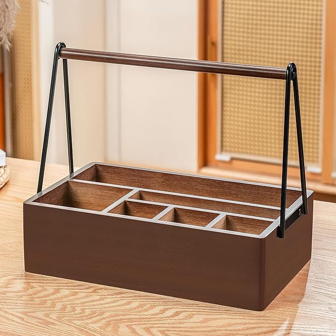 PTSTING Silverware Caddy with Handle Acacia Wood Utensil Holder Paper Plate Dispenser for Countertop Flatware Organizer Box for Spoons Forks Plates Cups Napkins