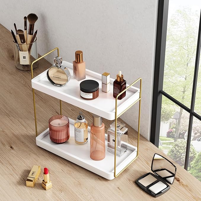Forbena White and Gold Bathroom Counter Organizer, 2 Tier Makeup Vanity Organizer Countertop, Bathroom Sink Skincare Shelf Tray Organizers and Storage for Perfumes Lotions Kitchen Coffee Bar Decor