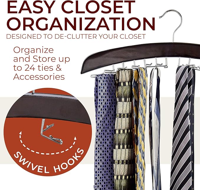 Richards Wooden Tie Rack Hanging Organizer for Mens Closet Accessories, Space Saving Necktie Holder for Storage and Display, Holds 24 Ties, Hook, Walnut Wood with Chrome Accents