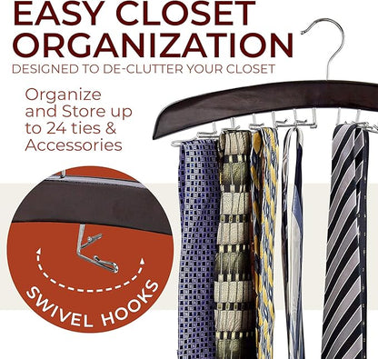 Richards Wooden Tie Rack Hanging Organizer for Mens Closet Accessories, Space Saving Necktie Holder for Storage and Display, Holds 24 Ties, Hook, Walnut Wood with Chrome Accents