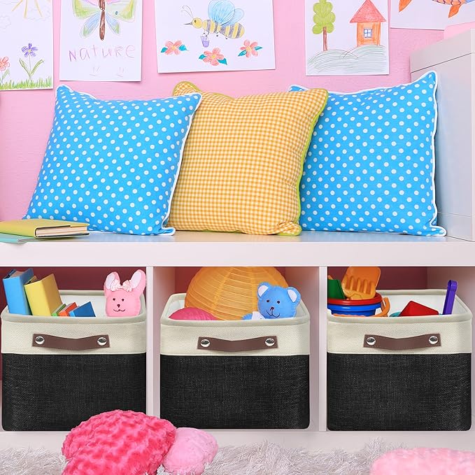 Simple Houseware 15" x 11" Large Fabric Storage Bin for Closet and Shelves, Leather Like Handles, 3 Pack, Black