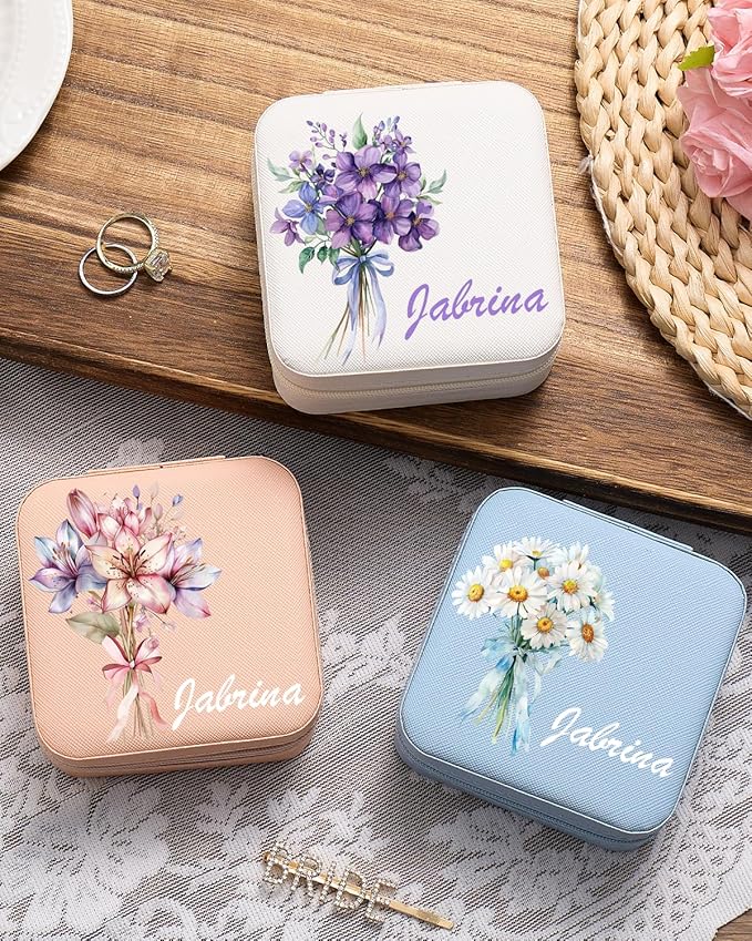 Personalized Jewelry Box for Girls Women, Custom Leather Travel Jewelry Case with Name Birth Flower, Storage Mini Organizer for Necklaces Earrings, Gifts for Wife Girlfriend Bridesmaid Wedding Mother