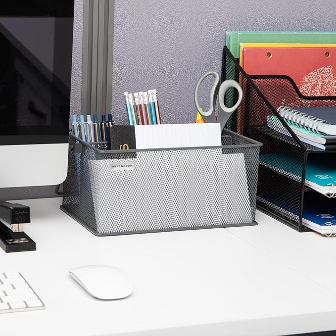 Mind Reader Multi-purpose Storage Caddy with Handle, Desktop Organizer, Cutlery Holder, 4 Compartments, Metal Mesh, Gray