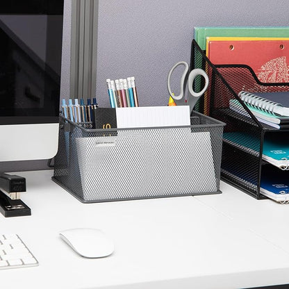 Mind Reader Multi-purpose Storage Caddy with Handle, Desktop Organizer, Cutlery Holder, 4 Compartments, Metal Mesh, Gray