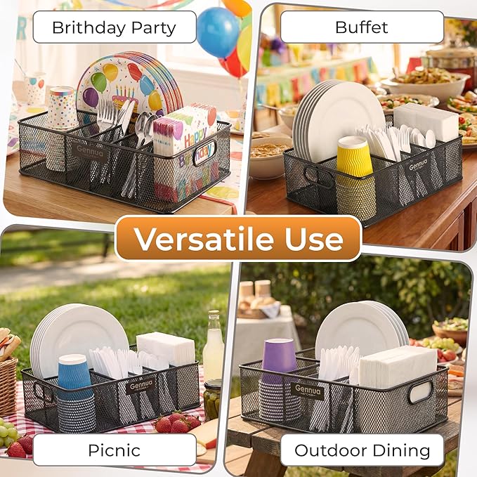 Gennua Kitchen Paper Plate Organizer for Cabinet, Counter, Picnics, Parties & More, Extra Large Utensil Caddy Crafted of Thick Iron Mesh With 6 Compartments for Paper Plates & Plastic Silverware