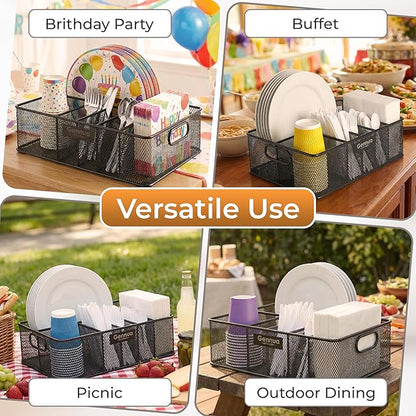 Gennua Kitchen Paper Plate Organizer for Cabinet, Counter, Picnics, Parties & More, Extra Large Utensil Caddy Crafted of Thick Iron Mesh With 6 Compartments for Paper Plates & Plastic Silverware