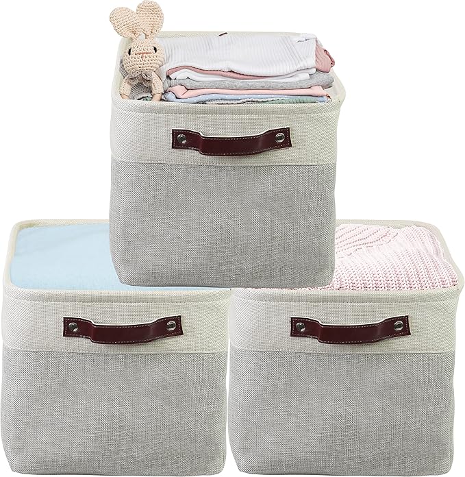 Simple Houseware 15" x 11" Large Fabric Storage Bin for Closet and Shelves, Leather Like Handles, 3 Pack, Gray