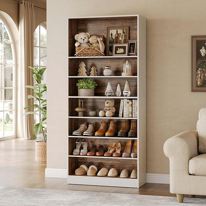 LITTLE TREE 9-Tier Shoe Cabinet, 32 Pairs Wooden Shoes Cabinet with Adjustable Shelves, 70.9" Tall Shoe Cabinet, Freestanding Modern Shoe Rack Organizer For Living Room Bedroom Entryway, Brown & White