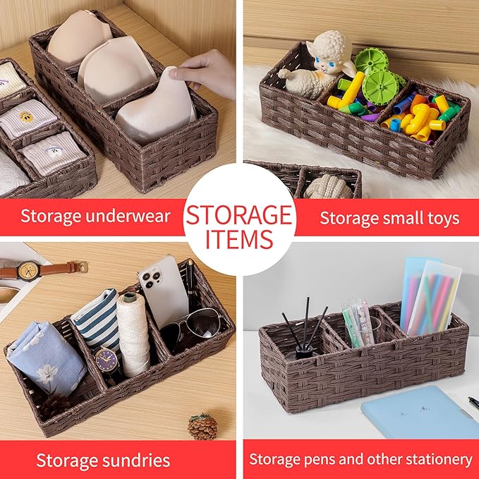 Toilet Tank Topper Paper Basket Multiuse Hand Woven Plastic Wicker Basket Bins with Divider for Shelves Rustic Farmhouse Bathroom Decor Countertop Organizer Storage