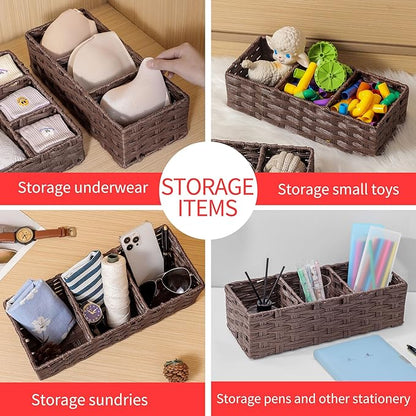 Toilet Tank Topper Paper Basket Multiuse Hand Woven Plastic Wicker Basket Bins with Divider for Shelves Rustic Farmhouse Bathroom Decor Countertop Organizer Storage