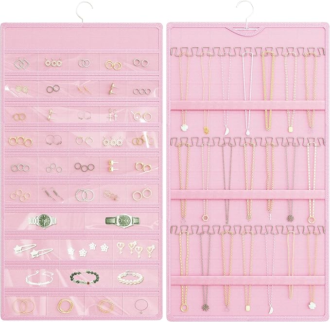 Hanging Jewelry Organizer Storage Roll, Double-Sided Necklaces Holder, 42 Pockets Plus 36 hooks Earrings Organizer Hang in Closet, On Wall, or Doors, Pink