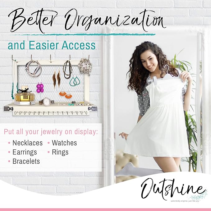 OUTSHINE Large Farmhouse Wall Jewelry Organizer (White) | Wall Organizer For Earrings, Necklace, Bracelet, Hair Accessories | Chicken Wire Earring Holder | For Women, Wife, Mom, Girlfriend