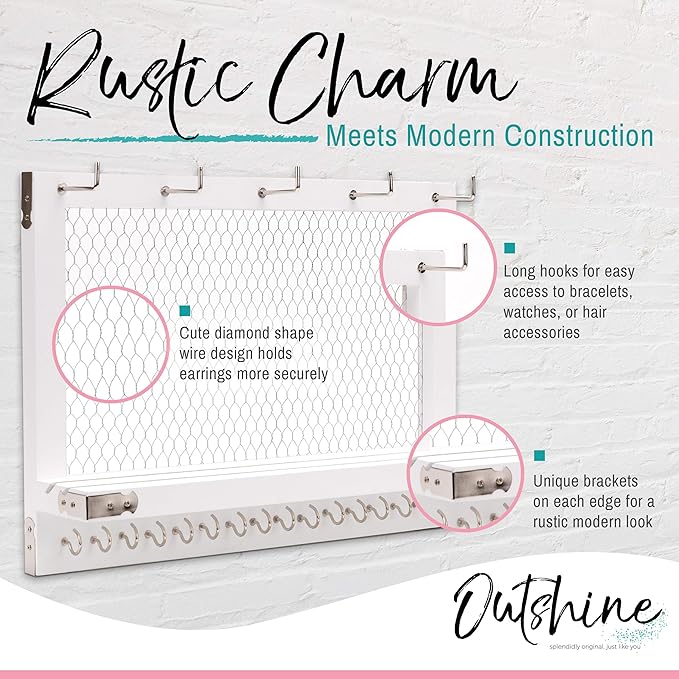 OUTSHINE Large Farmhouse Wall Jewelry Organizer (White) | Wall Organizer For Earrings, Necklace, Bracelet, Hair Accessories | Chicken Wire Earring Holder | For Women, Wife, Mom, Girlfriend
