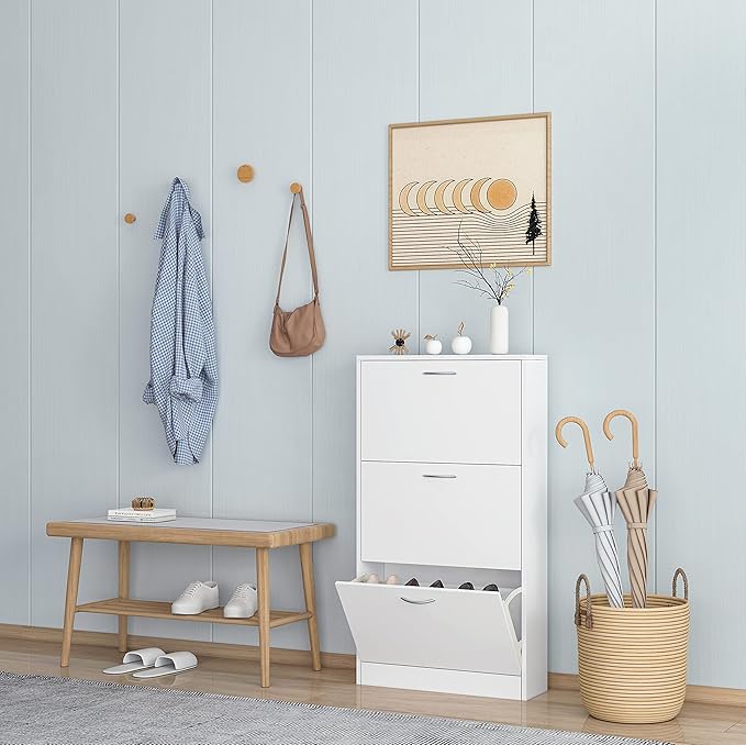 White Narrow Shoe Storage Cabinet - 3-Tier Freestanding Shoe Rack - 3 Flip Drawers Entryway Cupboard Organizer