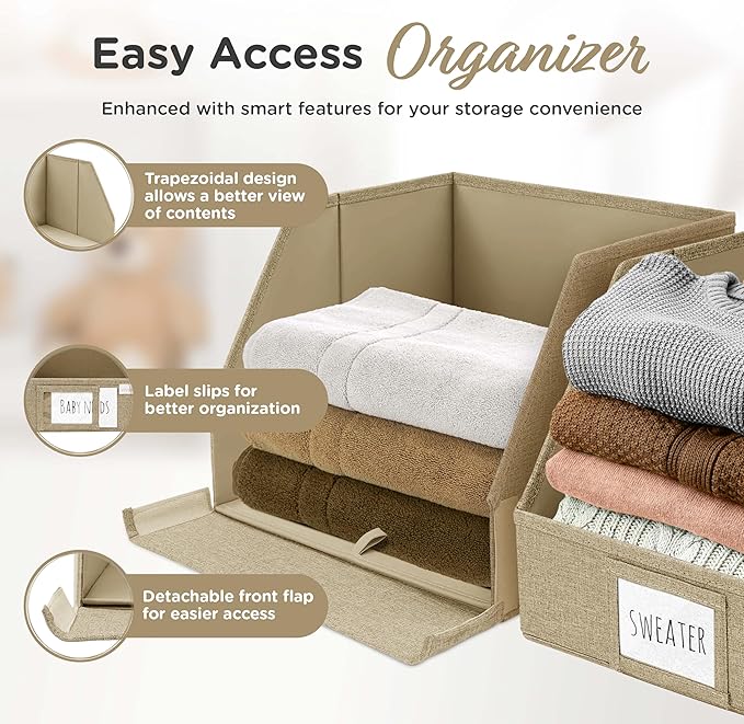 VIVIDECOR Open Front Storage Cubes 12x12x10 – Trapezoid Closet Shelf Bins, Easy Access Fabric Organizer for Clothes, Towels, Sweaters – Brown, 3 Pack