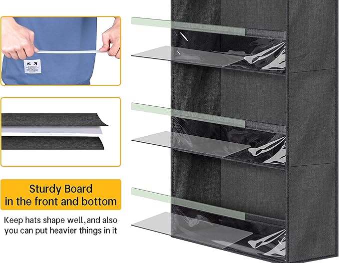 SLEEPING LAMB Over Door Hat Racks for Baseball Caps, Clear Deep Pockets Hat Organizer for Closet or Wall Hold 60 Hats Storage Holder With 3 Hooks Caps Display (Black)