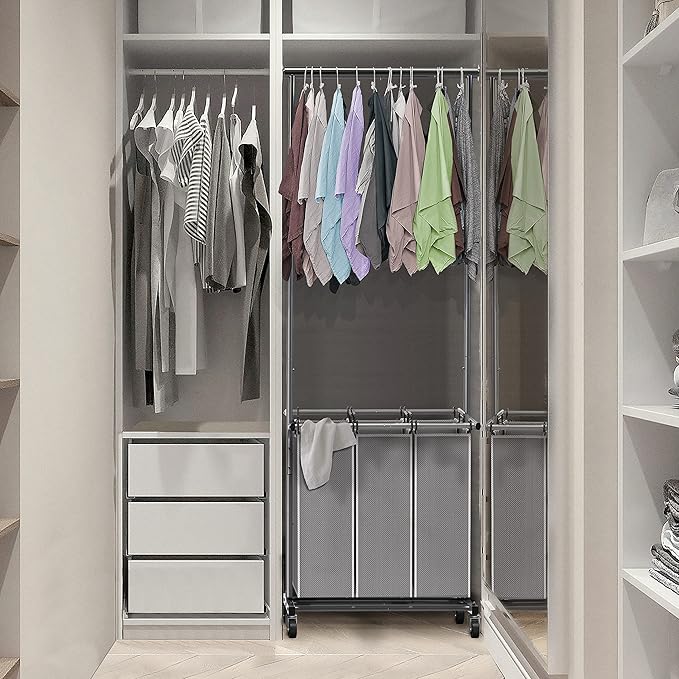 Simple Houseware 3 Bags Laundry Sorter with Extensible Clothes Hanging Rod