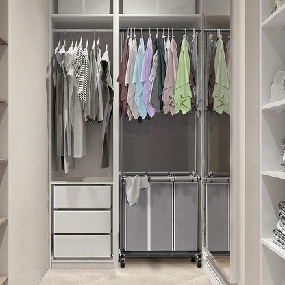Simple Houseware 3 Bags Laundry Sorter with Extensible Clothes Hanging Rod