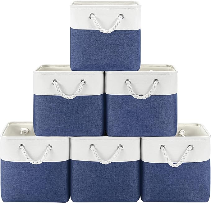 Patvingot 11 Inch Cube Storage Bins, 6 Pack Fabric Storage Cubes with Rope Handles, Organizer Baskets for Closet Shelves, Clothes and Home Organization(White/Blue)