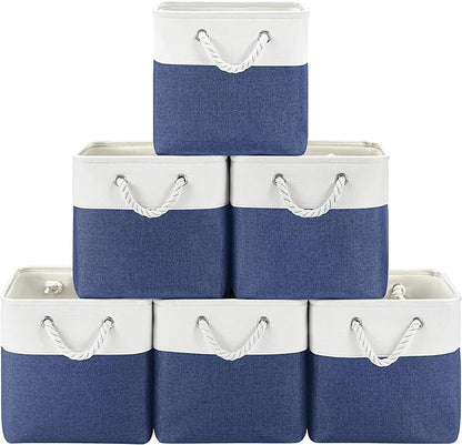 Patvingot 11 Inch Cube Storage Bins, 6 Pack Fabric Storage Cubes with Rope Handles, Organizer Baskets for Closet Shelves, Clothes and Home Organization(White/Blue)