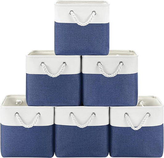 Patvingot 11 Inch Cube Storage Bins, 6 Pack Fabric Storage Cubes with Rope Handles, Organizer Baskets for Closet Shelves, Clothes and Home Organization(White/Blue)