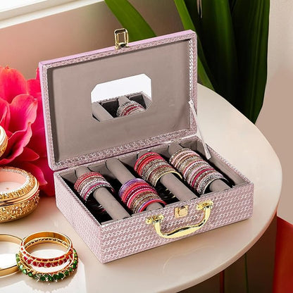 Kuber Industries 4 Rod Wooden Bangle Organizers Storage Box with Gold Handle For Women | Bridal Fancy Chudi Box/Chuda Holder & Jewellery Case | Shining Leaser Foil- Peach