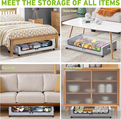 Tututry Under Bed Storage with Wheels, XXL 60L Under the Bed Storage Bins, Underbed Storage Containers with Lids & Label, Rolling Metal Drawer for Shoes, Clothes, Books, Toys (2-Pack Gray)