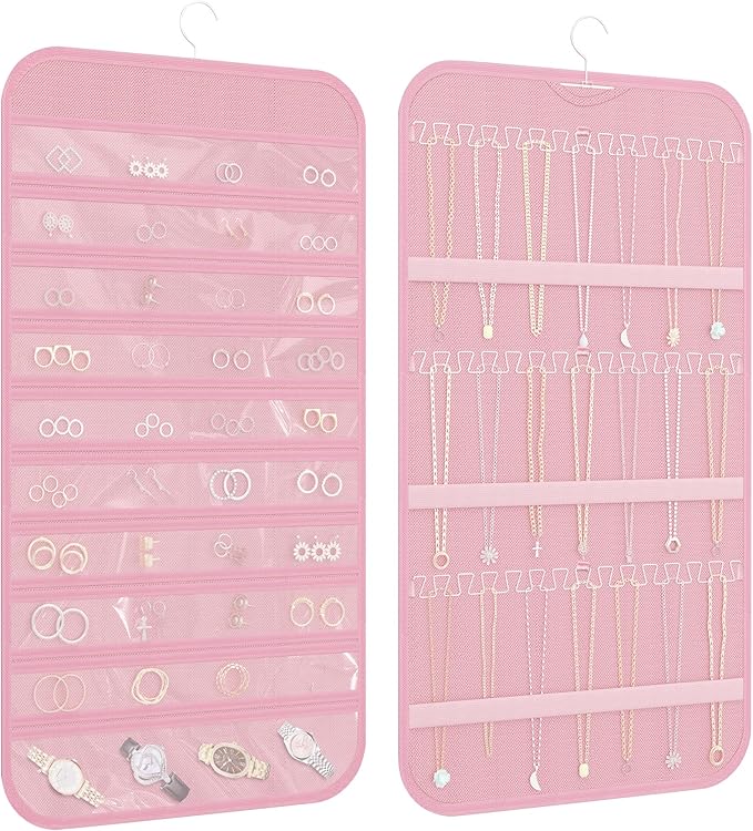 Hanging Jewelry Organizer Storage, 40 Pockets 36 Hooks Necklace Earring Necklace Bracelet Ring Organizer, Double - Sided Design, Pink