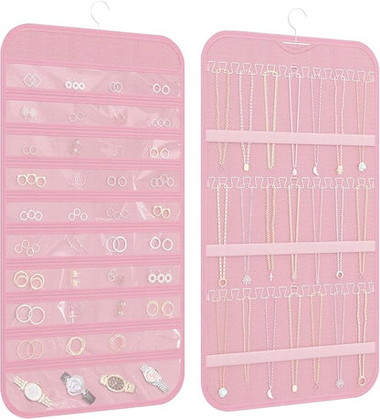 Hanging Jewelry Organizer Storage, 40 Pockets 36 Hooks Necklace Earring Necklace Bracelet Ring Organizer, Double - Sided Design, Pink
