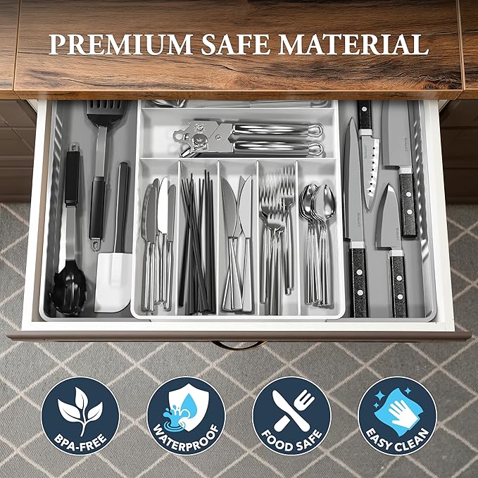 Simple Houseware Expandable Kitchen Drawer Flatware Organizer, Gray/White