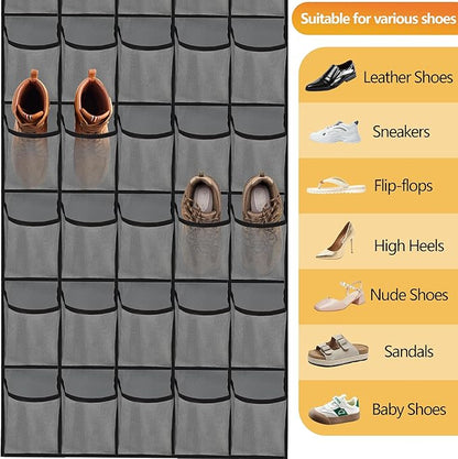 Over the Door Shoe Organizer, 40 Large Mesh Pockets Hanging Shoe Rack Organizer for Closet Behind The Door Storage Holder for Entryway Bedroom Dorm Gray