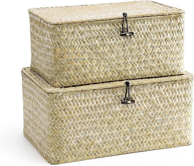 Nonam Storage Basket with Lid, Natural Seagrass Bin with Lid Set of 2, Shelf Baskets Multipurpose Container for Boho Decoration, Rectangular Household Storage Boxes for Home Organization-White