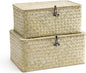 Nonam Storage Basket with Lid, Natural Seagrass Bin with Lid Set of 2, Shelf Baskets Multipurpose Container for Boho Decoration, Rectangular Household Storage Boxes for Home Organization-White