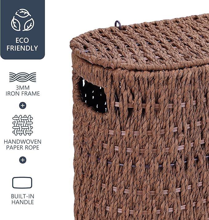 Coeusy Toilet Paper Storage Basket with Lid, Paper Rope Toilet Paper Holder for Up to 6 Mega Rolls, Wicker Basket for Bathroom Accessories Organizer, Boho Hand Woven Rattan Decorative Decor, Brown