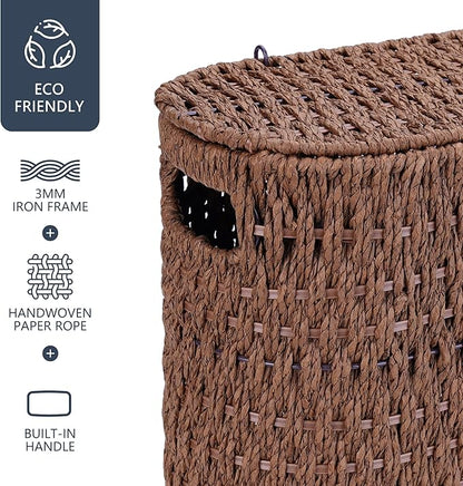 Coeusy Toilet Paper Storage Basket with Lid, Paper Rope Toilet Paper Holder for Up to 6 Mega Rolls, Wicker Basket for Bathroom Accessories Organizer, Boho Hand Woven Rattan Decorative Decor, Brown