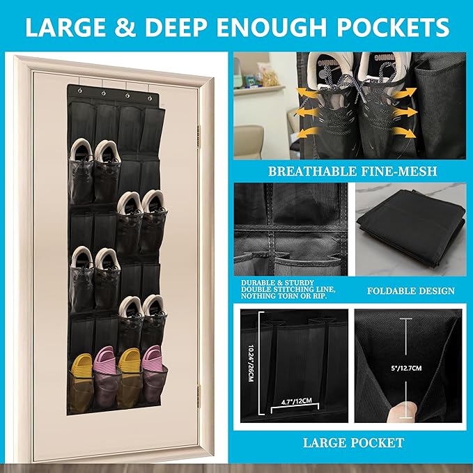 Over The Door Shoe Organizer with 24 Large Breathable Mesh Pockets Sturdy Closet Door Shoe Storage Holder Hanging SimpleHouseware Men Women Kids Shoe Holder for Rack (Black)