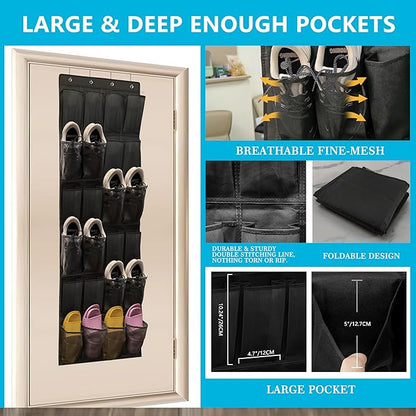 Over The Door Shoe Organizer with 24 Large Breathable Mesh Pockets Sturdy Closet Door Shoe Storage Holder Hanging SimpleHouseware Men Women Kids Shoe Holder for Rack (Black)